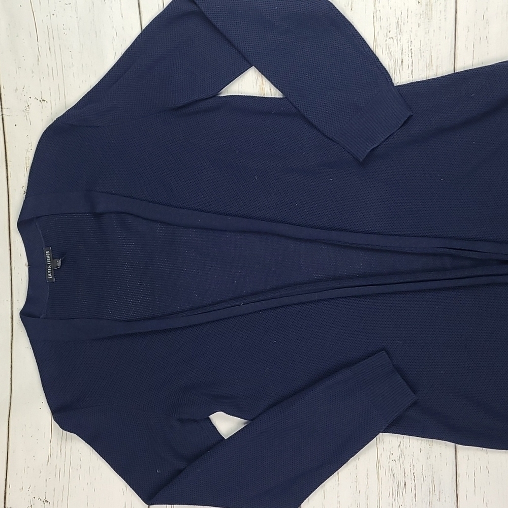 Eileen Fisher Navy Blue Open Front Long Cardigan Tencel Blend Size XS